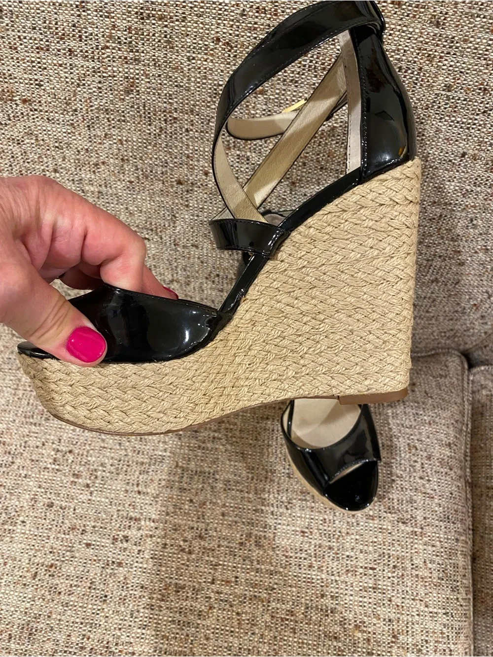 Michael Kors Black Patent Espadrille Platform Wedge Sandals